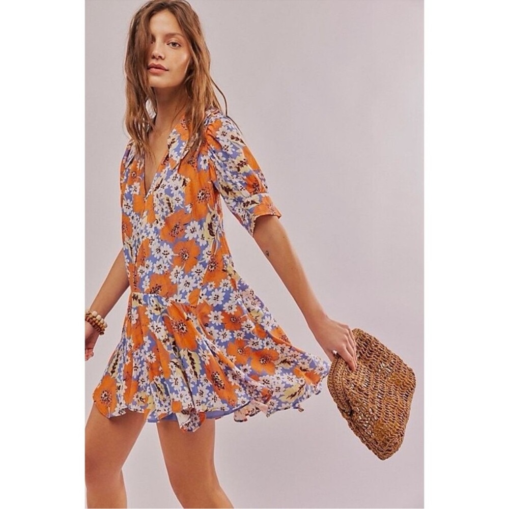 NEW Free People Sugar Crush Babydoll Mini Dress - Cobalt Combo Rayon Size